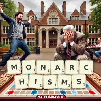 Creative illustration for a Scrabble game with the word MONARCHISMS spelled out in tiles on the board.