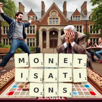 Creative illustration for a Scrabble game with the word MONETISATIONS spelled out in tiles on the board.