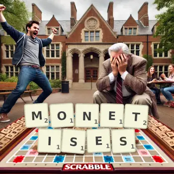 Creative illustration for a Scrabble game with the word MONETISES spelled out in tiles on the board.