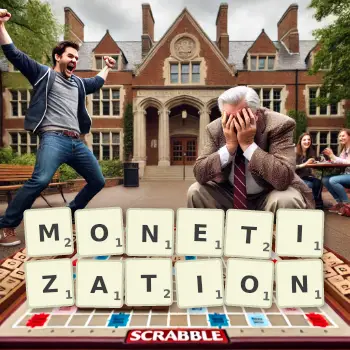 Creative illustration for a Scrabble game with the word MONETIZATION spelled out in tiles on the board.