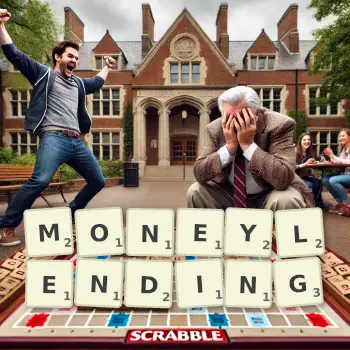 Creative illustration for a Scrabble game with the word MONEYLENDING spelled out in tiles on the board.