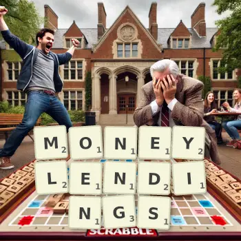 Creative illustration for a Scrabble game with the word MONEYLENDINGS spelled out in tiles on the board.