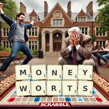 Creative illustration for a Scrabble game with the word MONEYWORTS spelled out in tiles on the board.