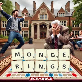 Creative illustration for a Scrabble game with the word MONGERINGS spelled out in tiles on the board.