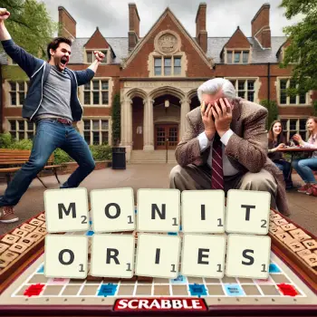 Creative illustration for a Scrabble game with the word MONITORIES spelled out in tiles on the board.