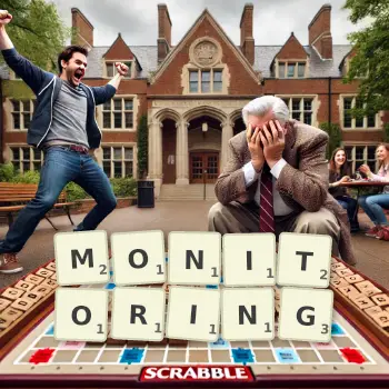Creative illustration for a Scrabble game with the word MONITORING spelled out in tiles on the board.