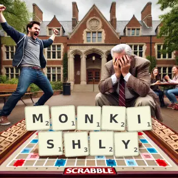 Creative illustration for a Scrabble game with the word MONKISHLY spelled out in tiles on the board.