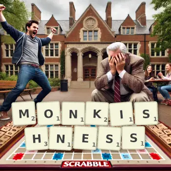 Creative illustration for a Scrabble game with the word MONKISHNESS spelled out in tiles on the board.