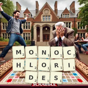Creative illustration for a Scrabble game with the word MONOCHLORIDES spelled out in tiles on the board.
