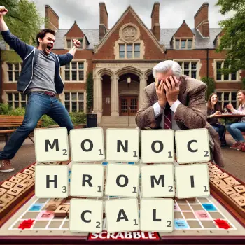 Creative illustration for a Scrabble game with the word MONOCHROMICAL spelled out in tiles on the board.