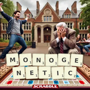 Creative illustration for a Scrabble game with the word MONOGENETIC spelled out in tiles on the board.