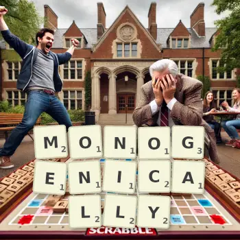 Creative illustration for a Scrabble game with the word MONOGENICALLY spelled out in tiles on the board.
