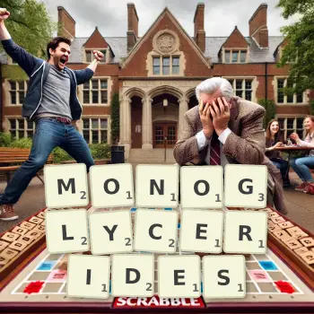 Creative illustration for a Scrabble game with the word MONOGLYCERIDES spelled out in tiles on the board.