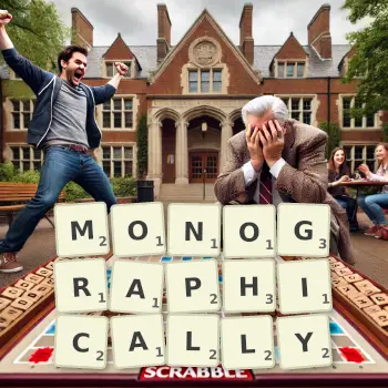 Creative illustration for a Scrabble game with the word MONOGRAPHICALLY spelled out in tiles on the board.