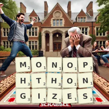 Creative illustration for a Scrabble game with the word MONOPHTHONGIZES spelled out in tiles on the board.
