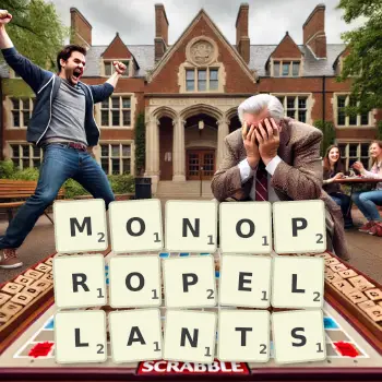 Creative illustration for a Scrabble game with the word MONOPROPELLANTS spelled out in tiles on the board.