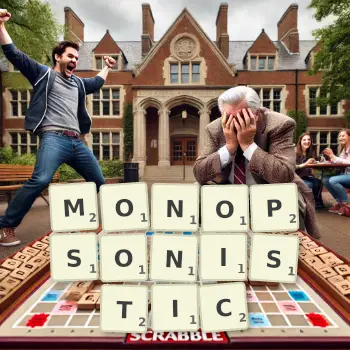 Creative illustration for a Scrabble game with the word MONOPSONISTIC spelled out in tiles on the board.