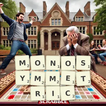 Creative illustration for a Scrabble game with the word MONOSYMMETRIC spelled out in tiles on the board.
