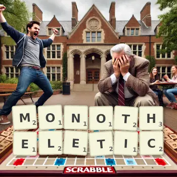 Creative illustration for a Scrabble game with the word MONOTHELETIC spelled out in tiles on the board.