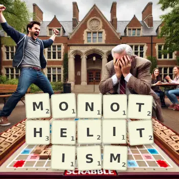 Creative illustration for a Scrabble game with the word MONOTHELITISM spelled out in tiles on the board.