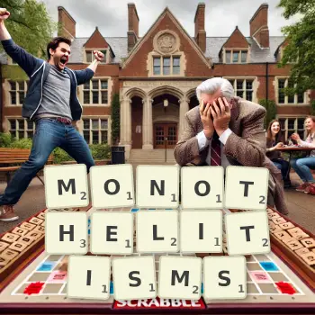 Creative illustration for a Scrabble game with the word MONOTHELITISMS spelled out in tiles on the board.