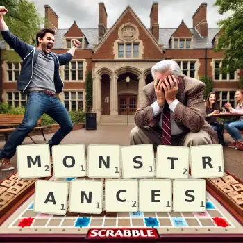 Creative illustration for a Scrabble game with the word MONSTRANCES spelled out in tiles on the board.