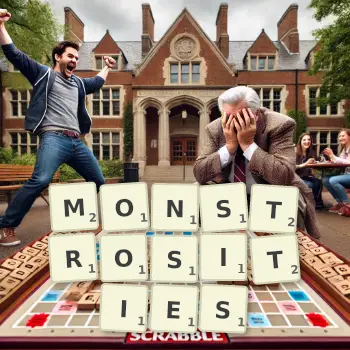 Creative illustration for a Scrabble game with the word MONSTROSITIES spelled out in tiles on the board.