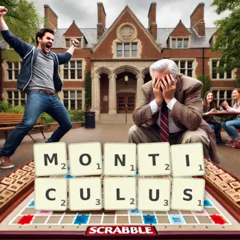 Creative illustration for a Scrabble game with the word MONTICULUS spelled out in tiles on the board.