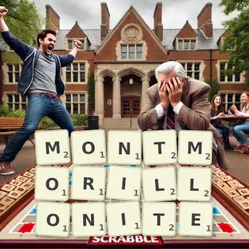 Creative illustration for a Scrabble game with the word MONTMORILLONITE spelled out in tiles on the board.