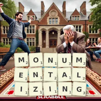 Creative illustration for a Scrabble game with the word MONUMENTALIZING spelled out in tiles on the board.