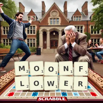 Creative illustration for a Scrabble game with the word MOONFLOWER spelled out in tiles on the board.