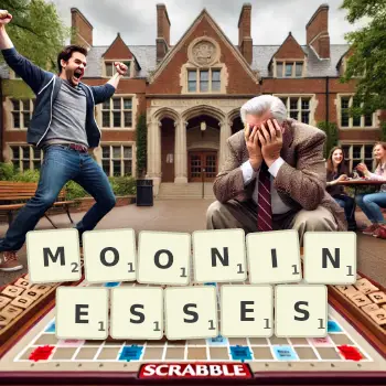 Creative illustration for a Scrabble game with the word MOONINESSES spelled out in tiles on the board.