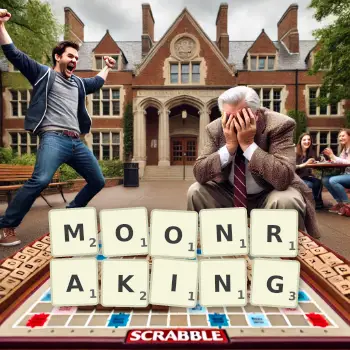 Creative illustration for a Scrabble game with the word MOONRAKING spelled out in tiles on the board.