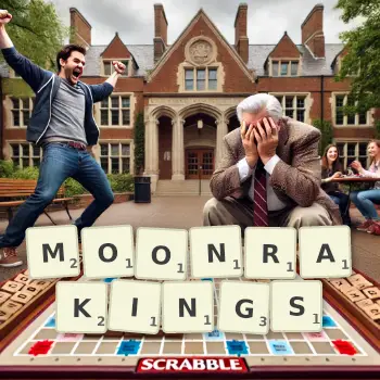 Creative illustration for a Scrabble game with the word MOONRAKINGS spelled out in tiles on the board.
