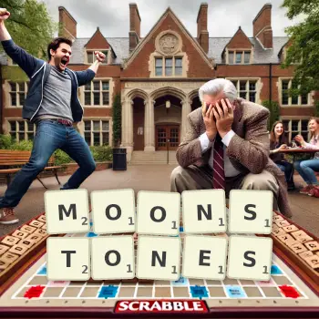 Creative illustration for a Scrabble game with the word MOONSTONES spelled out in tiles on the board.