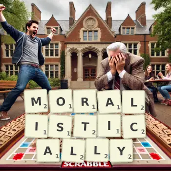 Creative illustration for a Scrabble game with the word MORALISTICALLY spelled out in tiles on the board.
