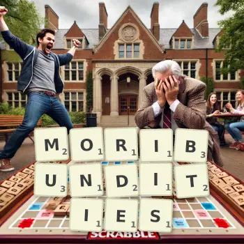 Creative illustration for a Scrabble game with the word MORIBUNDITIES spelled out in tiles on the board.