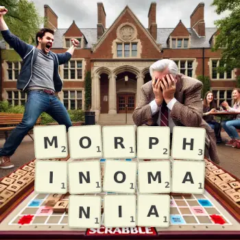 Creative illustration for a Scrabble game with the word MORPHINOMANIA spelled out in tiles on the board.