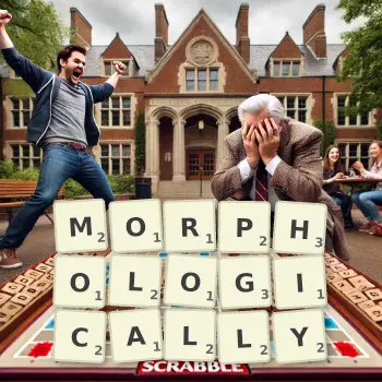 Creative illustration for a Scrabble game with the word MORPHOLOGICALLY spelled out in tiles on the board.