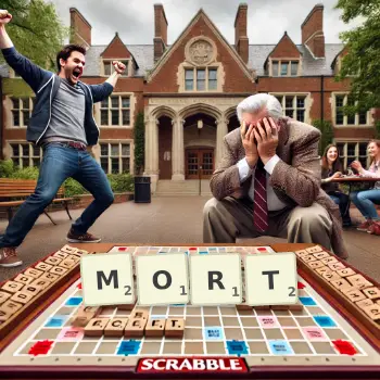 Creative illustration for a Scrabble game with the word MORT spelled out in tiles on the board.