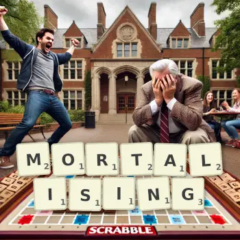 Creative illustration for a Scrabble game with the word MORTALISING spelled out in tiles on the board.