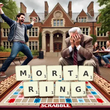 Creative illustration for a Scrabble game with the word MORTARING spelled out in tiles on the board.