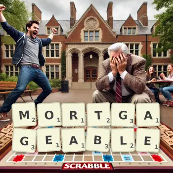 Creative illustration for a Scrabble game with the word MORTGAGEABLE spelled out in tiles on the board.