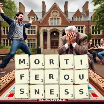 Creative illustration for a Scrabble game with the word MORTIFEROUSNESS spelled out in tiles on the board.