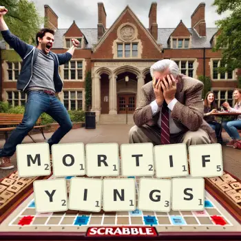 Creative illustration for a Scrabble game with the word MORTIFYINGS spelled out in tiles on the board.