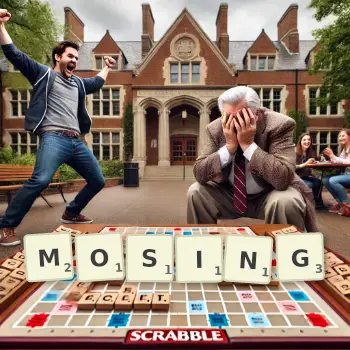 Creative illustration for a Scrabble game with the word MOSING spelled out in tiles on the board.