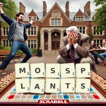 Creative illustration for a Scrabble game with the word MOSSPLANTS spelled out in tiles on the board.