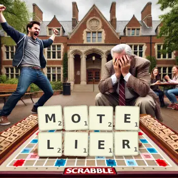 Creative illustration for a Scrabble game with the word MOTELIER spelled out in tiles on the board.