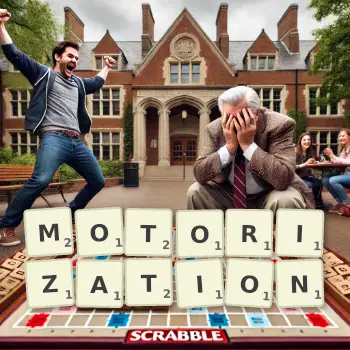 Creative illustration for a Scrabble game with the word MOTORIZATION spelled out in tiles on the board.