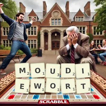 Creative illustration for a Scrabble game with the word MOUDIEWORT spelled out in tiles on the board.